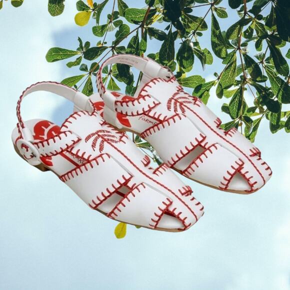 NIB - Farm Rio Red Vegan Leather Embroidered Palm Tree Sandal Size: 9